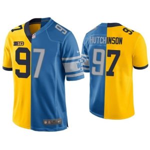 Men Detroit Lions #97 Aidan Hutchinson Yellow Blue Split Stitched Game Jersey