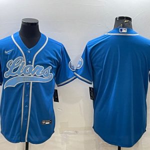 Men Detroit Lions Blank Blue With Patch Cool Base Stitched Baseball Jersey