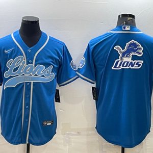 Men Detroit Lions Blue Team Big Logo With Patch Cool Base Stitched Baseball Jersey