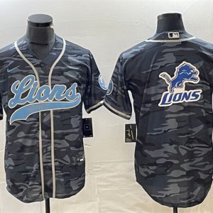 Men Detroit Lions Gray Camo Team Big Logo Cool Base Stitched Baseball Jersey