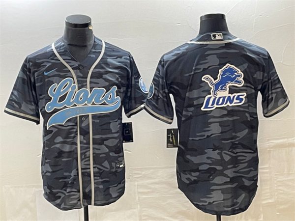 Men Detroit Lions Gray Camo Team Big Logo Cool Base Stitched Baseball Jersey