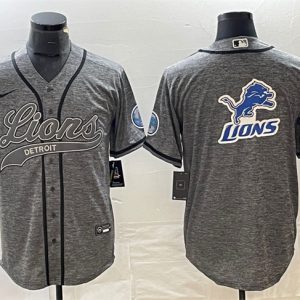 Men Detroit Lions Gray Team Big Logo Cool Base Stitched Baseball Jersey