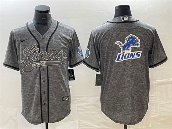 Men Detroit Lions Gray Team Big Logo Cool Base Stitched Baseball Jersey