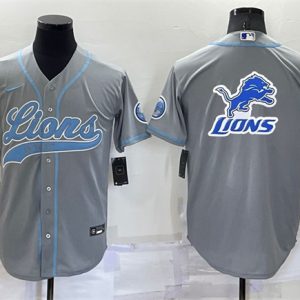 Men Detroit Lions Gray Team Big Logo With Patch Cool Base Stitched Baseball Jersey