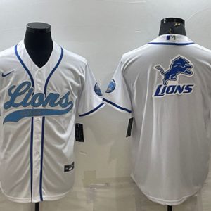 Men Detroit Lions White Team Big Logo With Patch Cool Base Stitched Baseball Jersey