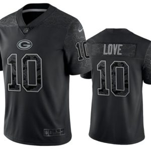 Men Green Bay Packers #10 Jordan Love Black Reflective Limited Stitched Football Jersey