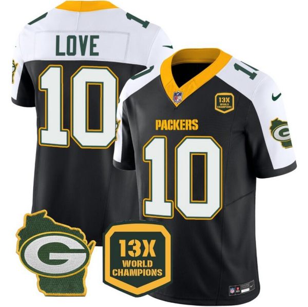 Men Green Bay Packers #10 Jordan Love Black/White 2023 F.U.S.E. Home Patch 13 Time World Champions Vapor Untouchable Limited Football Stitched Jersey