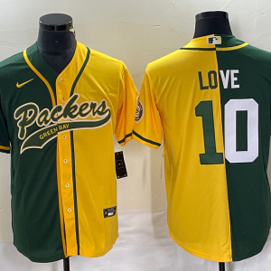 Men Green Bay Packers #10 Jordan Love Green/Gold Split Cool Base Stitched Baseball Jersey