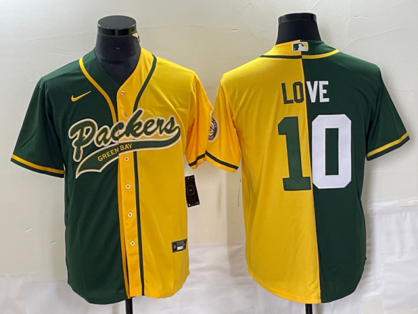 Men Green Bay Packers #10 Jordan Love Green/Gold Split Cool Base Stitched Baseball Jersey