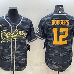 Men Green Bay Packers #12 Aaron Rodgers Gray Gold Camo With Patch Cool Base Stitched Baseball Jersey