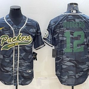 Men Green Bay Packers #12 Aaron Rodgers Gray Green Camo With Patch Cool Base Stitched Baseball Jersey