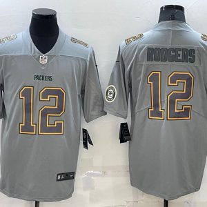 Men Green Bay Packers #12 Aaron Rodgers Gray With Patch Atmosphere Fashion Stitched Jersey