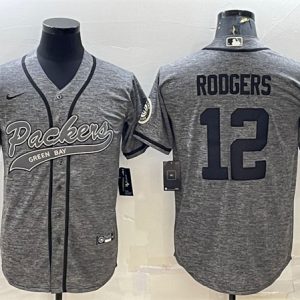 Men Green Bay Packers #12 Aaron Rodgers Gray With Patch Cool Base Stitched Baseball Jersey