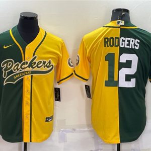 Men Green Bay Packers #12 Aaron Rodgers Green/Yellow Split With Patch Cool Base Stitched Baseball Jersey