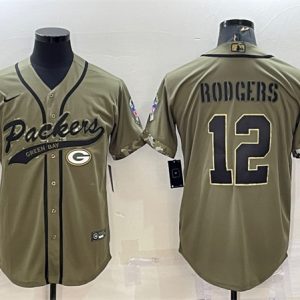 Men Green Bay Packers #12 Aaron Rodgers Olive 2022 Salute to Service Cool Base Stitched Baseball Jersey