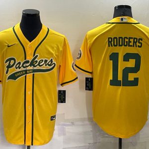 Men Green Bay Packers #12 Aaron Rodgers Yellow Cool Base Stitched Baseball Jersey