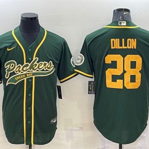 Men Green Bay Packers #28 A.J. Dillon Green Gold With Patch Cool Base Stitched Baseball Jersey