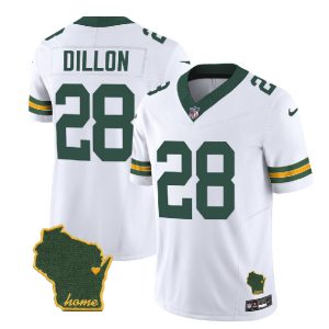 Men Green Bay Packers #28 A.J. Dillon White Home Patch 2023 F.U.S.E. Vapor Untouchable Limited Stitched Jersey