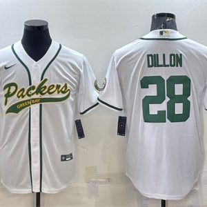 Men Green Bay Packers #28 A.J. Dillon White With Patch Cool Base Stitched Baseball Jersey