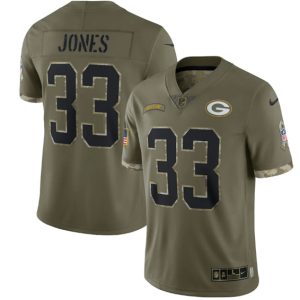 Men Green Bay Packers #33 Aaron Jones 2022 Olive Salute To Service Limited Stitched Jersey