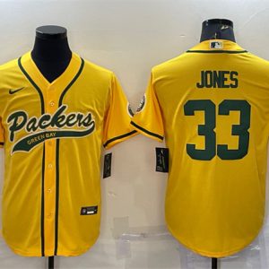 Men Green Bay Packers #33 Aaron Jones Gold With Patch Cool Base Stitched Baseball Jersey