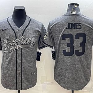 Men Green Bay Packers #33 Aaron Jones Gray With Patch Cool Base Stitched Baseball Jersey