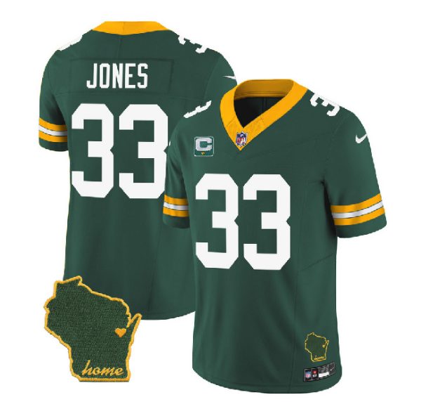 Men Green Bay Packers #33 Aaron Jones Green 2023 F.U.S.E. Home Patch And 1-Star C Patch Vapor Untouchable Limited Stitched Jersey