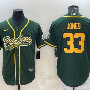 Men Green Bay Packers #33 Aaron Jones Green Gold With Patch Cool Base Stitched Football Jersey