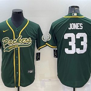 Men Green Bay Packers #33 Aaron Jones Green With Patch Cool Base Stitched Baseball Jersey