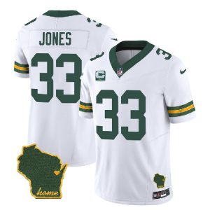 Men Green Bay Packers #33 Aaron Jones White 2023 F.U.S.E. Home Patch And 1-Star C Patch Vapor Untouchable Limited Stitched Jersey