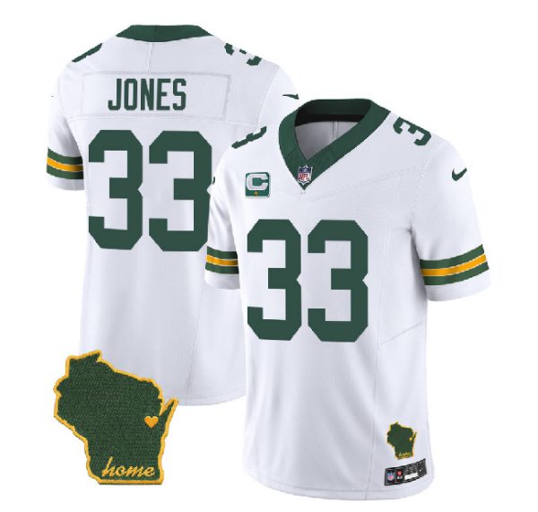 Men Green Bay Packers #33 Aaron Jones White 2023 F.U.S.E. Home Patch And 1-Star C Patch Vapor Untouchable Limited Stitched Jersey