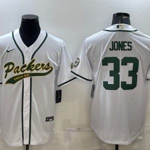 Men Green Bay Packers #33 Aaron Jones White With Patch Cool Base Stitched Baseball Jersey