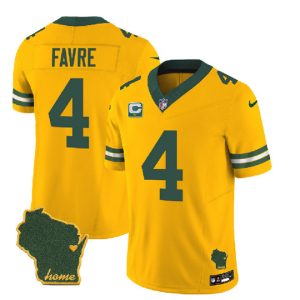 Men Green Bay Packers #4 Brett Favre Gold 2023 F.U.S.E. Home Patch And 1-Star C Patch Vapor Untouchable Limited Stitched Jersey