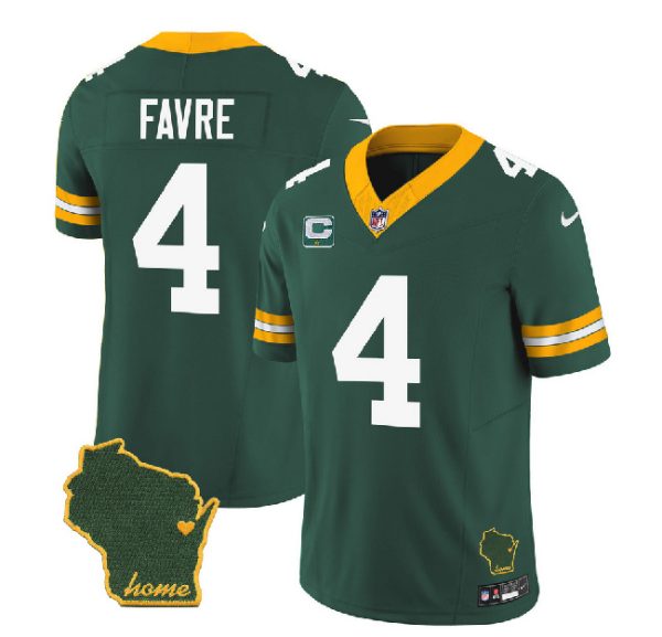 Men Green Bay Packers #4 Brett Favre Green 2023 F.U.S.E. Home Patch And 1-Star C Patch Vapor Untouchable Limited Stitched Jersey