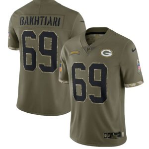 Men Green Bay Packers #69 David Bakhtiari 2022 Olive Salute To Service Limited Stitched Jersey