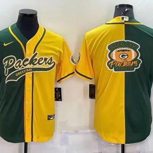 Men Green Bay Packers Blank Green/Yellow Split Team Big Logo With Patch Cool Base Stitched Baseball Jersey