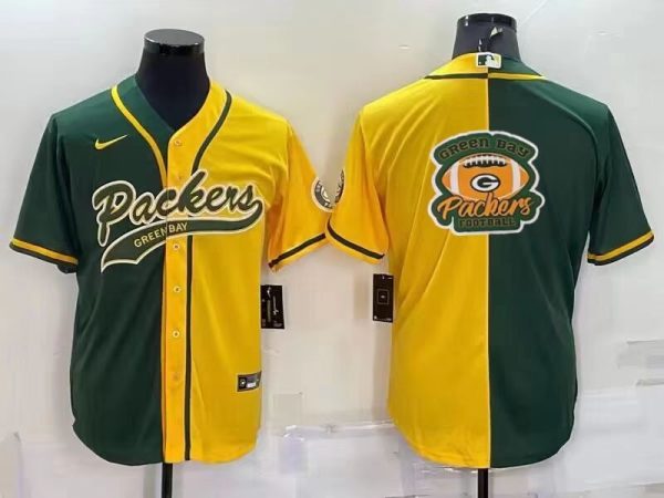 Men Green Bay Packers Blank Green/Yellow Split Team Big Logo With Patch Cool Base Stitched Baseball Jersey