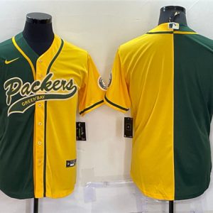 Men Green Bay Packers Blank Green/Yellow Split With Patch Cool Base Stitched Baseball Jersey