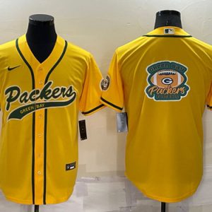 Men Green Bay Packers Yellow Team Big Logo With Patch Cool Base Stitched Baseball Jersey