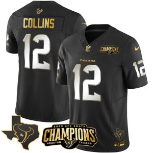 Men Houston Texans #12 Nico Collins Black Golden 2023 F.U.S.E. With AFC South Champions Patch And Team Logo Patch Limited Football Stitched Jersey