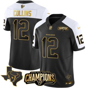 Men Houston Texans #12 Nico Collins Black/White Golden 2023 F.U.S.E. With AFC South Champions Patch And Team Logo Patch Limited Stitched Jersey