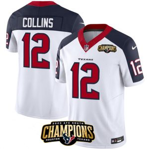 Men Houston Texans #12 Nico Collins White/Navy 2023 F.U.S.E. With AFC South Champions Patch And Team Logo Patch Limited Football Stitched Jersey