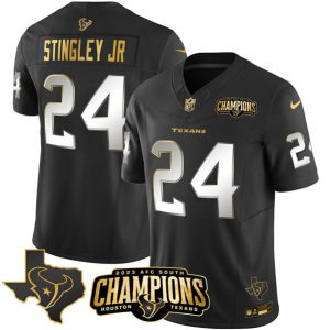 Men Houston Texans #24 Derek Stingley Jr. Black Golden 2023 F.U.S.E. With AFC South Champions Patch And Team Logo Patch Limited Stitched Jersey