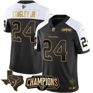 Men Houston Texans #24 Derek Stingley Jr. Black/White Golden 2023 F.U.S.E. With AFC South Champions Patch And Team Logo Patch Limited Stitched Jersey