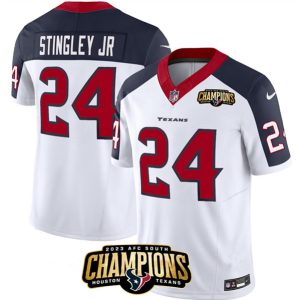 Men Houston Texans #24 Derek Stingley Jr. White/Navy 2023 F.U.S.E. With AFC South Champions Patch And Team Logo Patch Limited Football Stitched Jersey