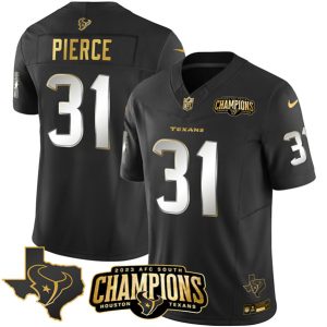 Men Houston Texans #31 Dameon Pierce Black Golden 2023 F.U.S.E. With AFC South Champions Patch And Team Logo Patch Limited Football Stitched Jersey