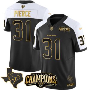 Men Houston Texans #31 Dameon Pierce Black/White Golden 2023 F.U.S.E. With AFC South Champions Patch And Team Logo Patch Limited Stitched Jersey