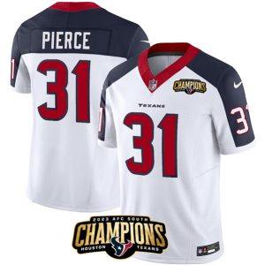 Men Houston Texans #31 Dameon Pierce White/Navy 2023 F.U.S.E. With AFC South Champions Patch And Team Logo Patch Limited Football Stitched Jersey