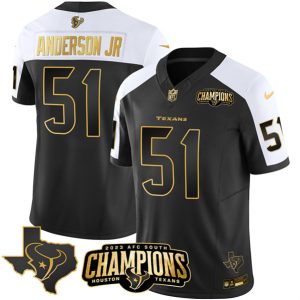 Men Houston Texans #51 Will Anderson Jr. Black/White Golden 2023 F.U.S.E. With AFC South Champions Patch And Team Logo Patch Limited Stitched Jersey