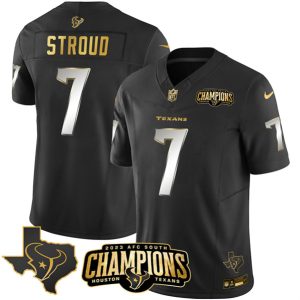 Men Houston Texans #7 C.J. Stroud Black Golden 2023 F.U.S.E. With AFC South Champions Patch And Team Logo Patch Limited Football Stitched Jersey